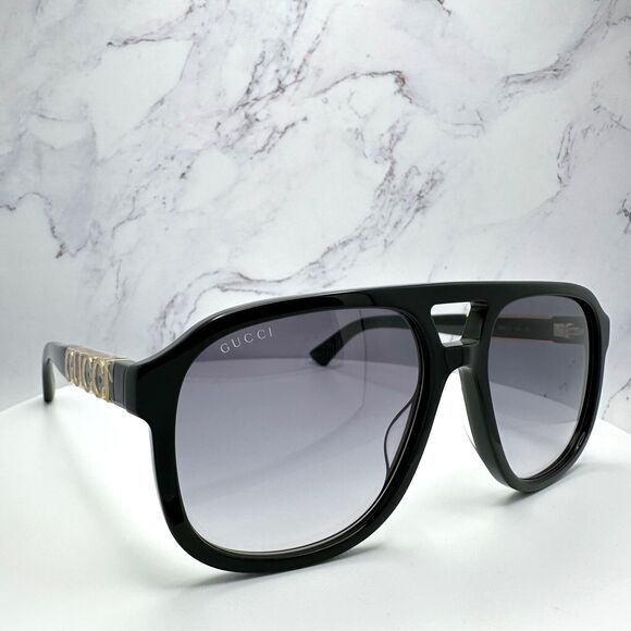 New Gucci Sunglasses Black Pilot Aviator 58mm Navigator Gold Authentic - Picture 15 of 16